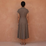 Brown Cotton Linen Paneled A-Line Midi Dress