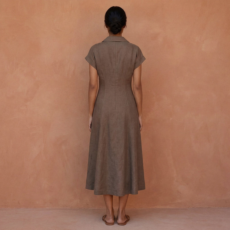 Brown Cotton Linen Paneled A-Line Midi Dress 68
