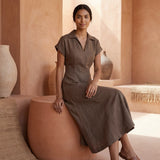 Brown Cotton Linen Paneled A-Line Midi Dress