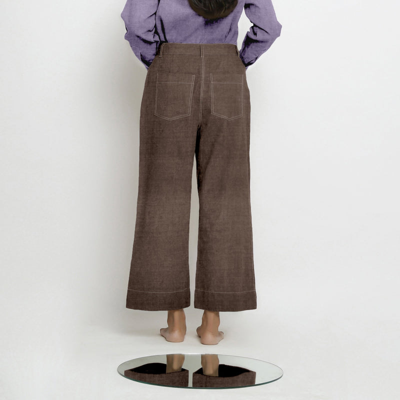Brown Cotton Linen Patch Pocket Wide Legged Pant