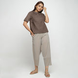 Brown Cotton Linen Peter Pan Collar Half Sleeve Top