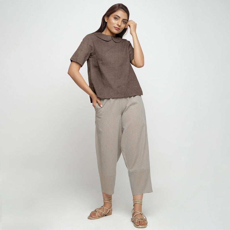 Brown Cotton Linen Peter Pan Collar Half Sleeve Top