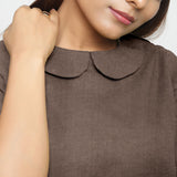 Brown Cotton Linen Peter Pan Collar Half Sleeve Top