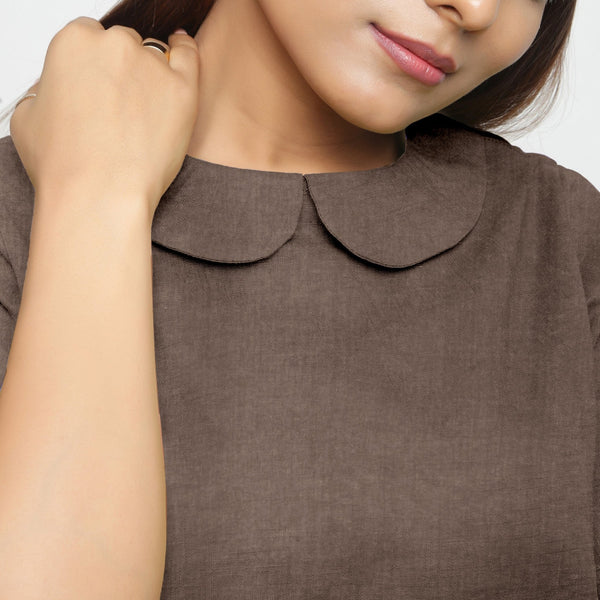 Brown Cotton Linen Peter Pan Collar Half Sleeve Top