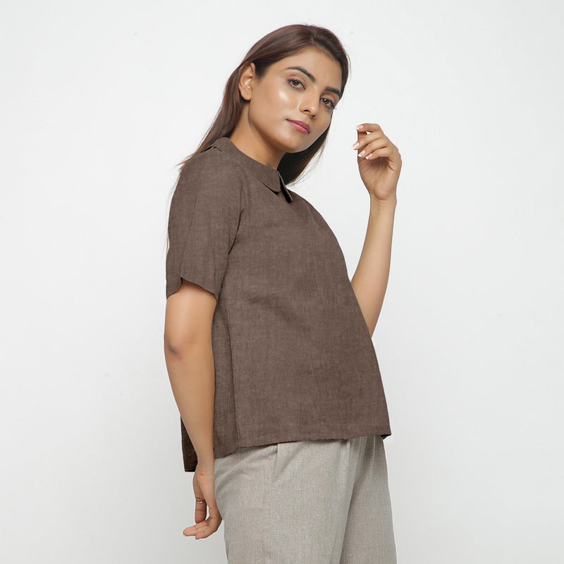 Brown Cotton Linen Peter Pan Collar Half Sleeve Top