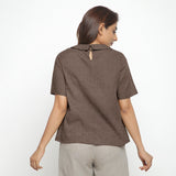 Brown Cotton Linen Peter Pan Collar Half Sleeve Top
