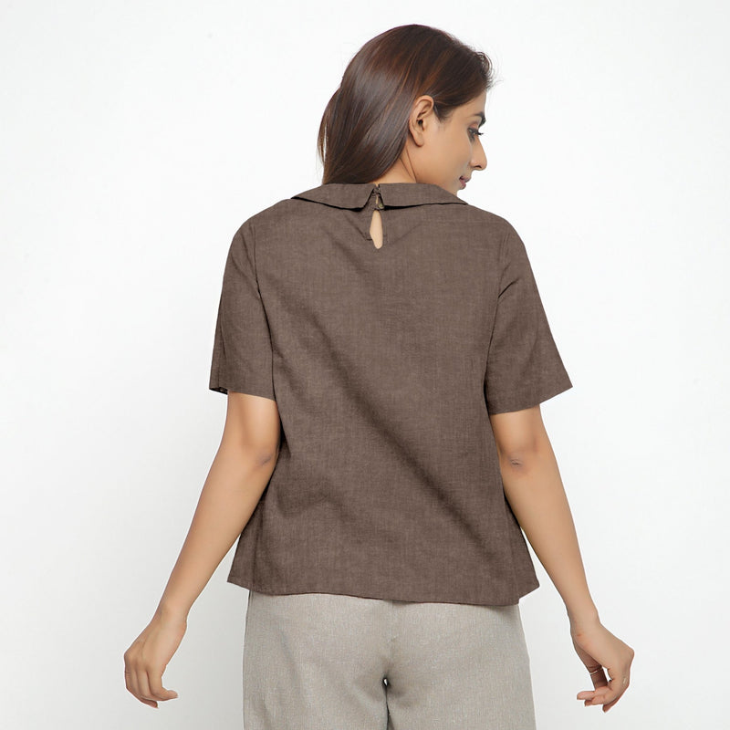 Brown Cotton Linen Peter Pan Collar Half Sleeve Top