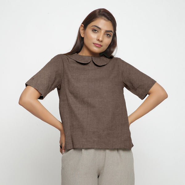 Brown Cotton Linen Peter Pan Collar Half Sleeve Top