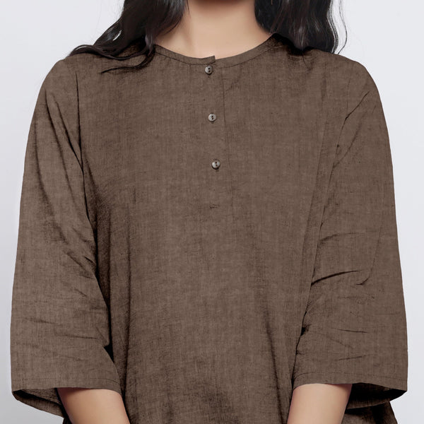 Brown Cotton Linen Round Neck A-Line Top