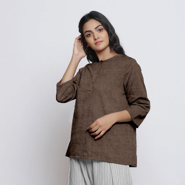 Brown Cotton Linen Round Neck A-Line Top