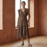 Brown Cotton Linen Ruffle Midi Wrap Dress