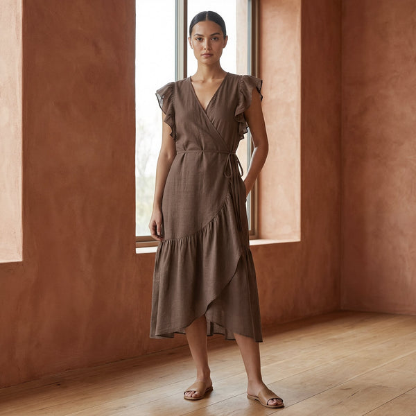 Brown Cotton Linen Ruffle Midi Wrap Dress 30