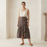 Brown Cotton Linen Ruffle Midi Wrap Skirt