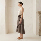 Brown Cotton Linen Ruffle Midi Wrap Skirt