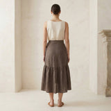 Brown Cotton Linen Ruffle Midi Wrap Skirt