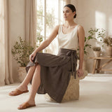 Brown Cotton Linen Ruffle Midi Wrap Skirt