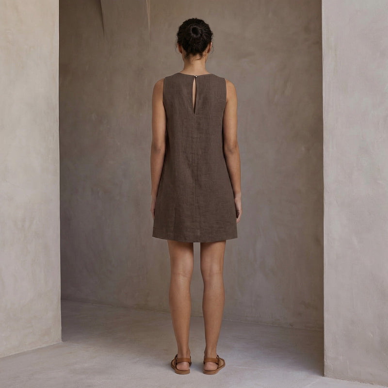 brown linen short dress Motel Mailina button detail linen mini dress in brown