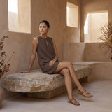 Brown Cotton Linen Sleeveless A-Line Short Shift Dress