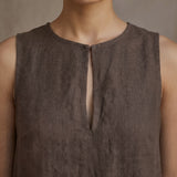 Brown Cotton Linen Sleeveless A-Line Short Shift Dress