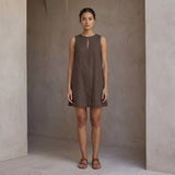 Brown Cotton Linen Sleeveless A-Line Short Shift Dress
