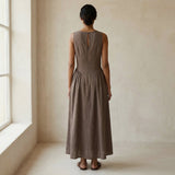 Brown Cotton Linen Sleeveless Paneled Maxi Dress