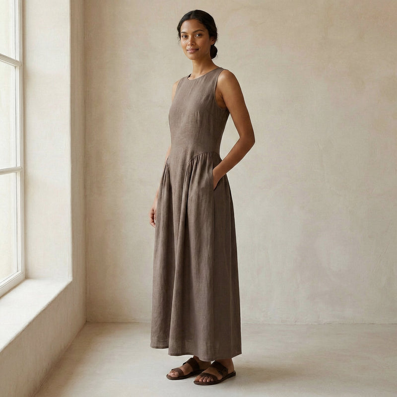Buy Brown Cotton Linen Sleeveless Paneled Maxi Dress Online at SeamsFriendly