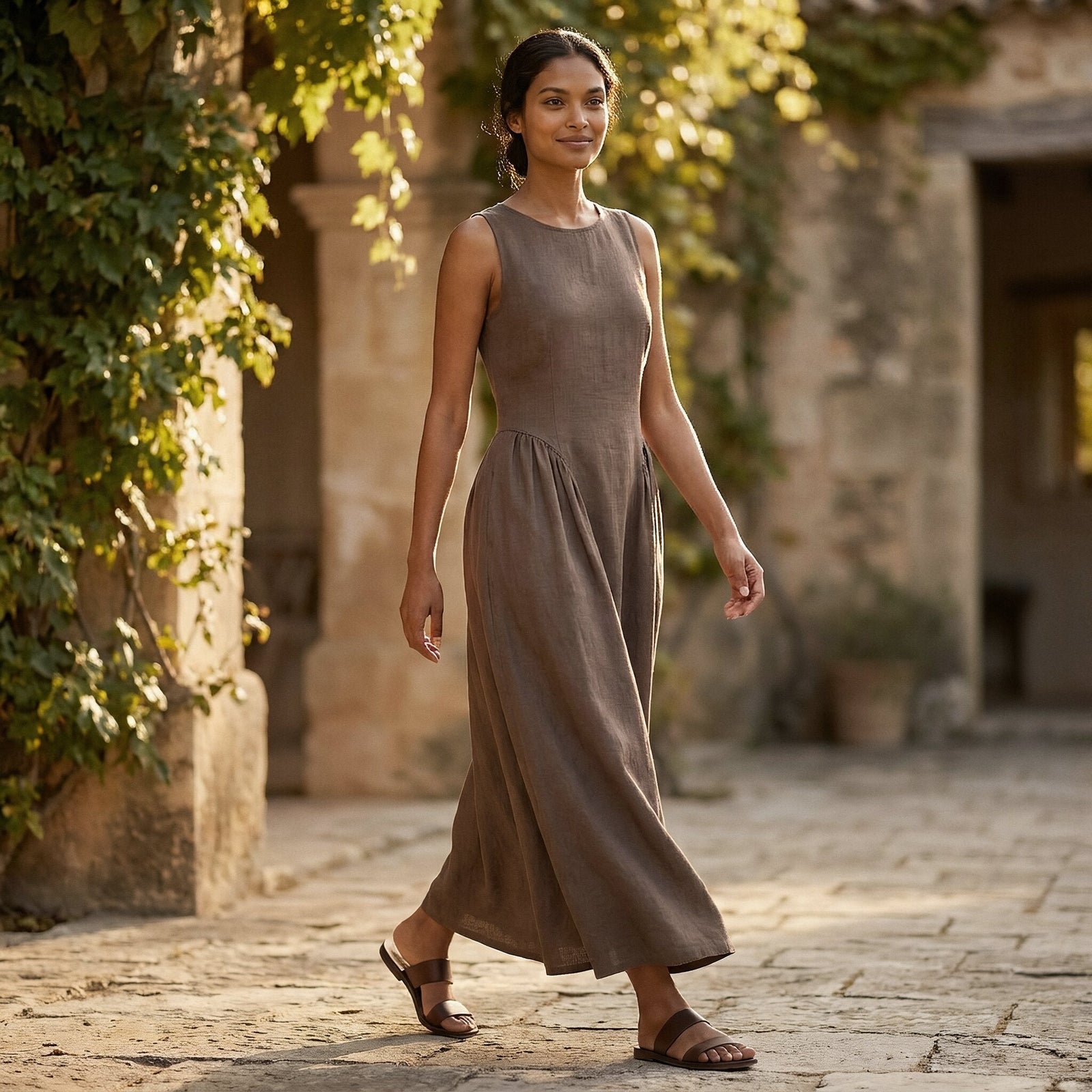 Buy Brown Cotton Linen Sleeveless Paneled Maxi Dress Online at SeamsFriendly Buy Brown Cotton Linen Sleeveless Paneled Maxi Dress Online at SeamsFriendly