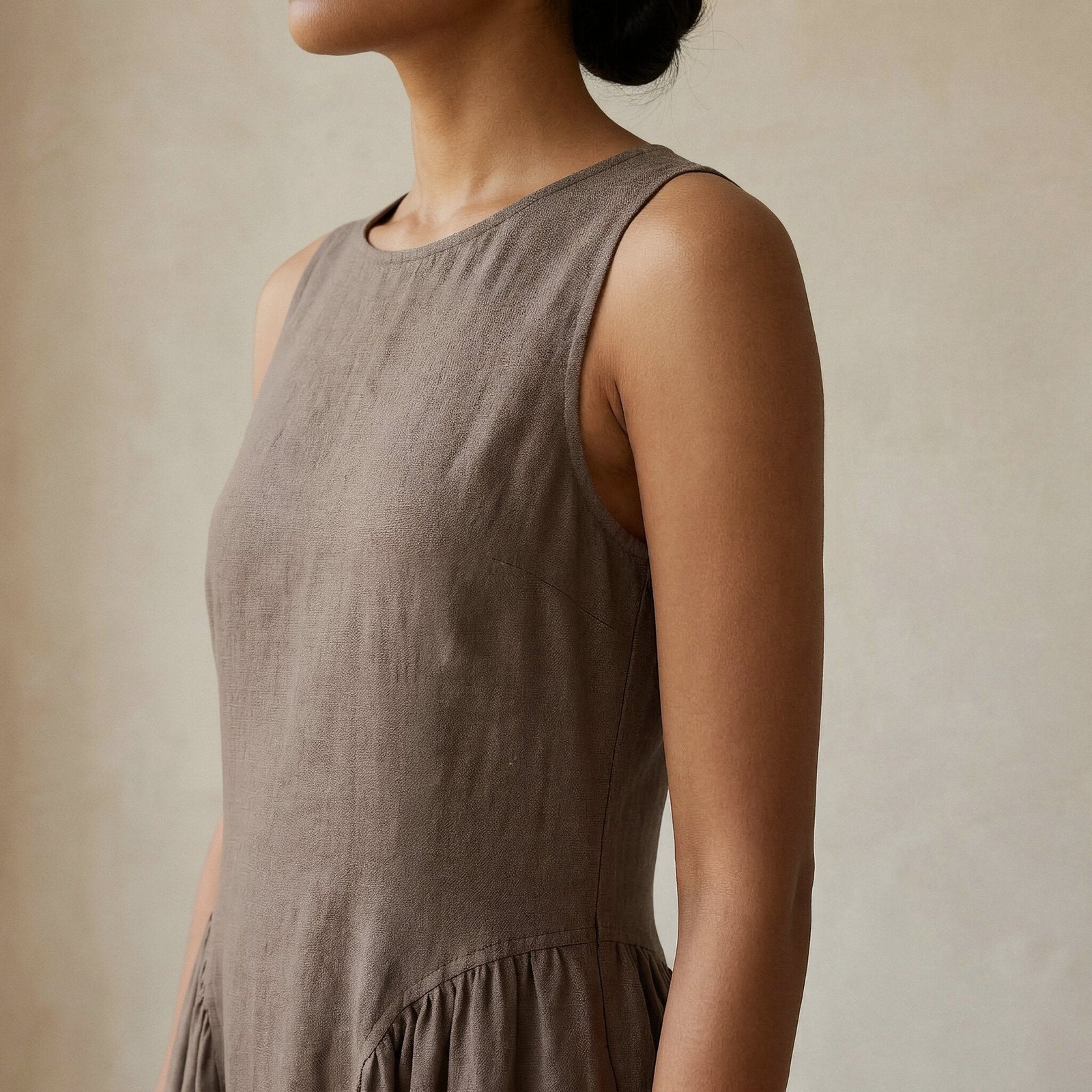 Buy Brown Cotton Linen Sleeveless Paneled Maxi Dress Online at SeamsFriendly