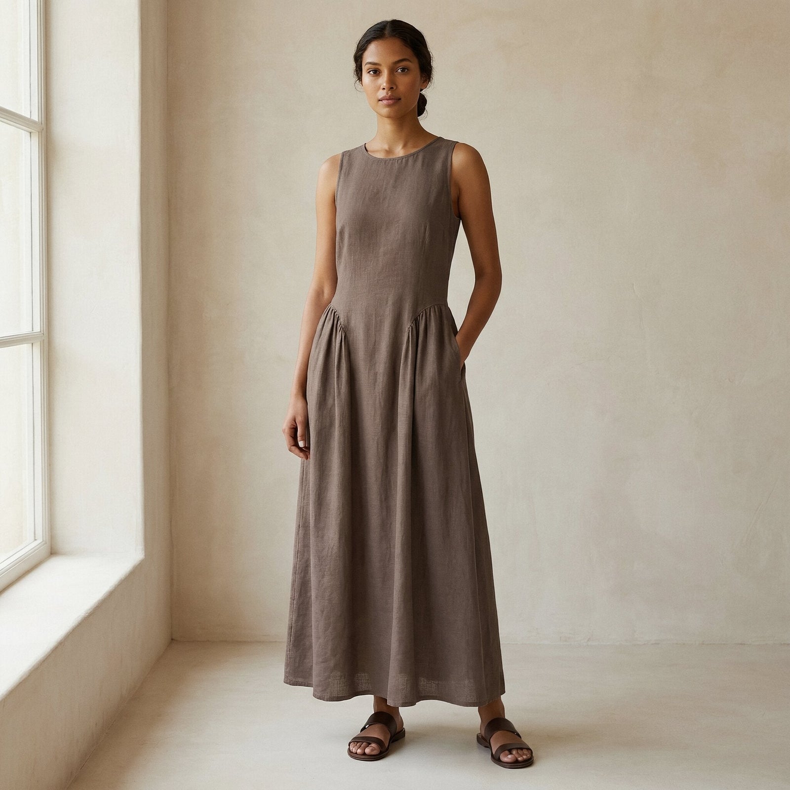 Brown Cotton Linen Sleeveless Paneled Maxi Dress 54