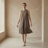 Brown Cotton Linen Sleeveless Paneled Swing Dress