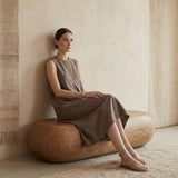 Brown Cotton Linen Sleeveless Paneled Swing Dress