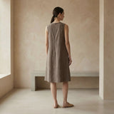 Brown Cotton Linen Sleeveless Paneled Swing Dress