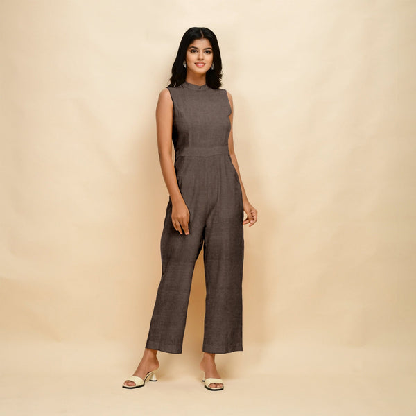Brown Cotton Linen Sleeveless Princess Line Jumpsuit