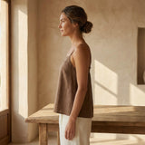 Brown Cotton-Linen Spaghetti Strap Top with Elastic Gathered Back