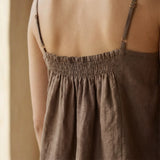 Brown Cotton-Linen Spaghetti Strap Top with Elastic Gathered Back
