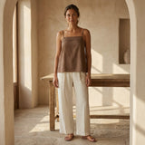 Brown Cotton-Linen Spaghetti Strap Top with Elastic Gathered Back
