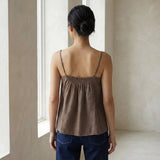 Brown Cotton-Linen Spaghetti Strap Top with Elastic Gathered Back