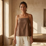 Brown Cotton-Linen Spaghetti Strap Top with Elastic Gathered Back