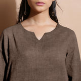 Brown Cotton Linen Split-Neck Tunic Top