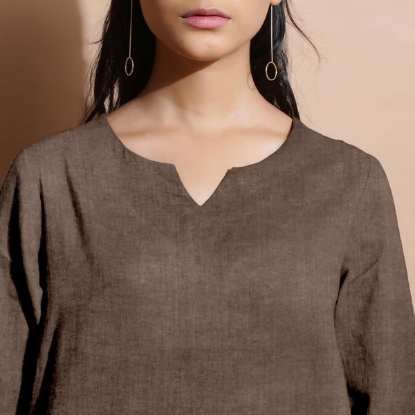 Brown Cotton Linen Split-Neck Tunic Top