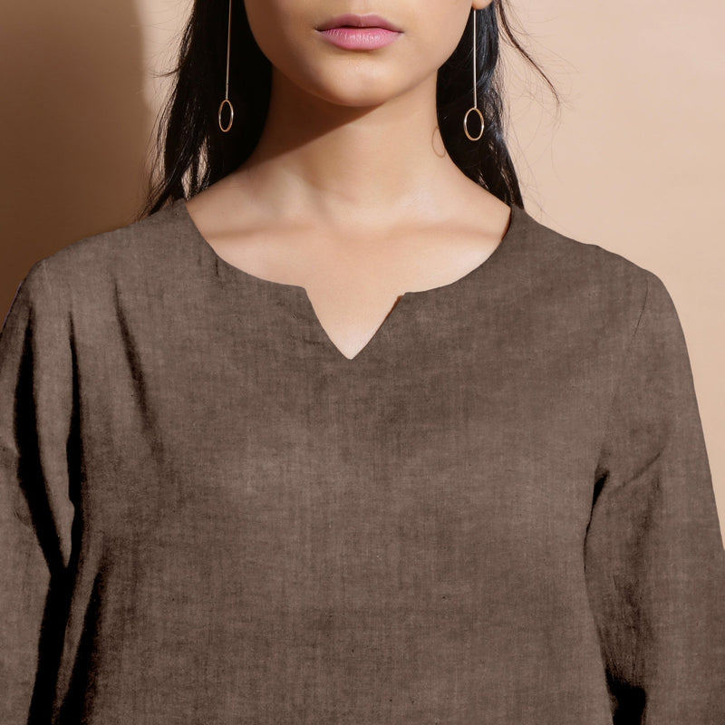 Brown Cotton Linen Split-Neck Tunic Top