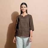 Brown Cotton Linen Split-Neck Tunic Top