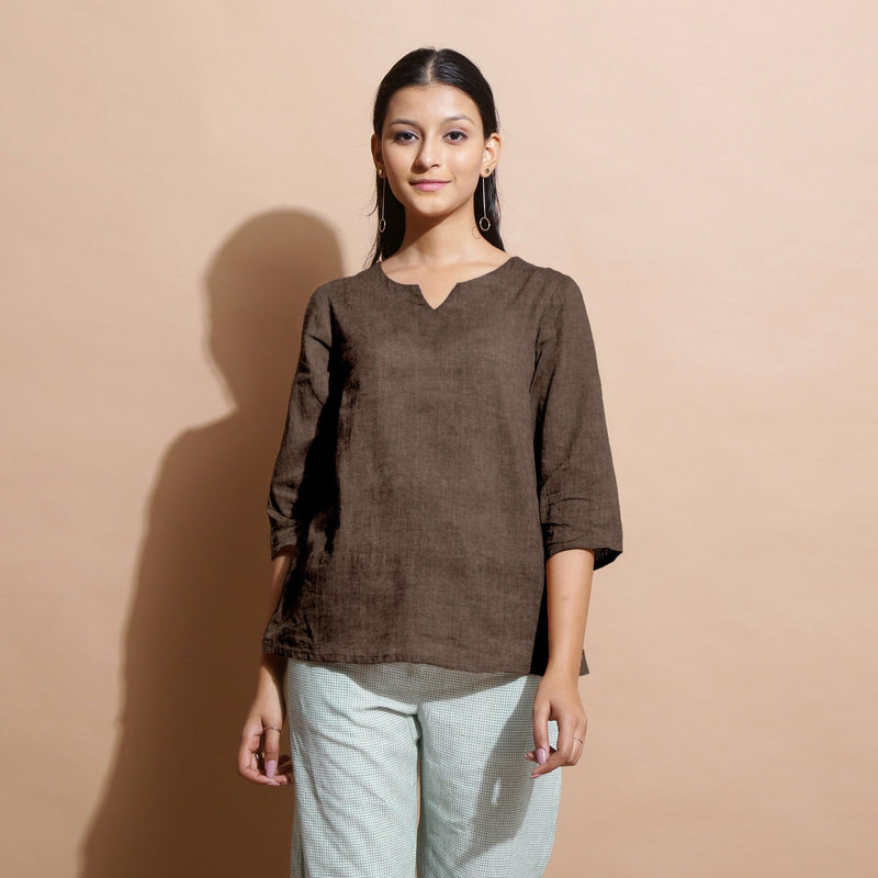 Brown Cotton Linen Split-Neck Tunic Top