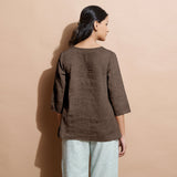 Brown Cotton Linen Split-Neck Tunic Top