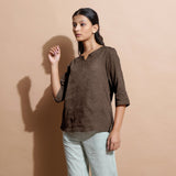 Brown Cotton Linen Split-Neck Tunic Top