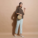 Brown Cotton Linen Split-Neck Tunic Top