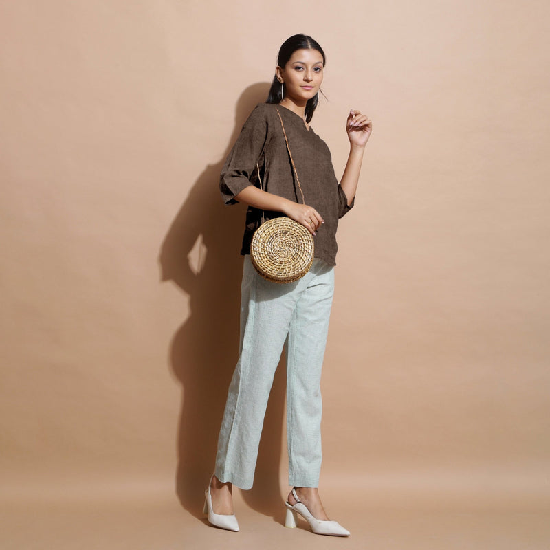 Brown Cotton Linen Split-Neck Tunic Top