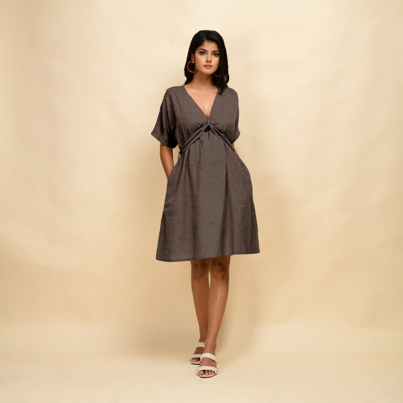 Brown Cotton Linen V-Neck Knee Length Blouson Dress 50