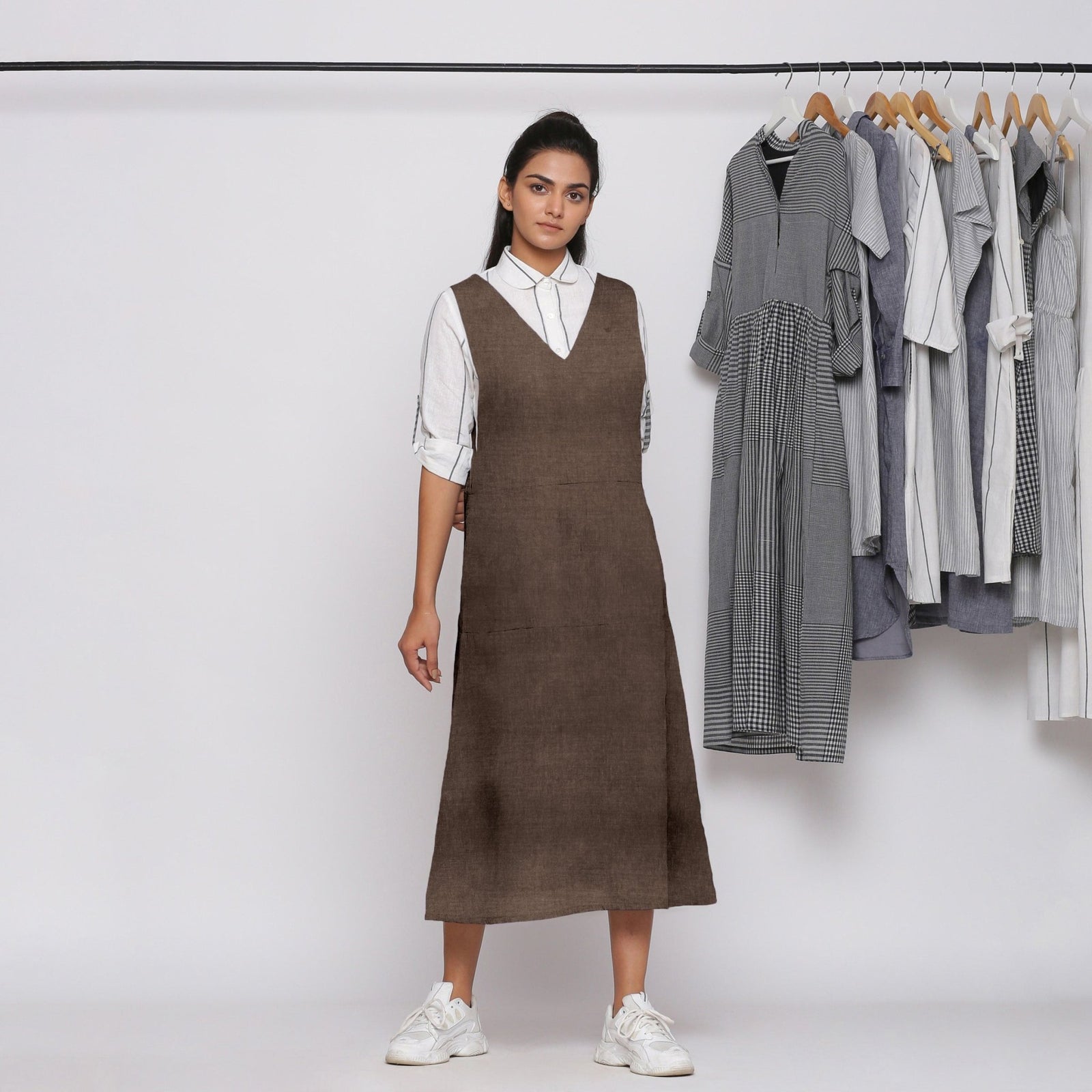 Brown Cotton Linen V-Neck Midi Pinafore Dress 26" / Petite (5'1" and below) Brown Cotton Linen V-Neck Midi Pinafore Dress 26" / Petite (5'1" and below)