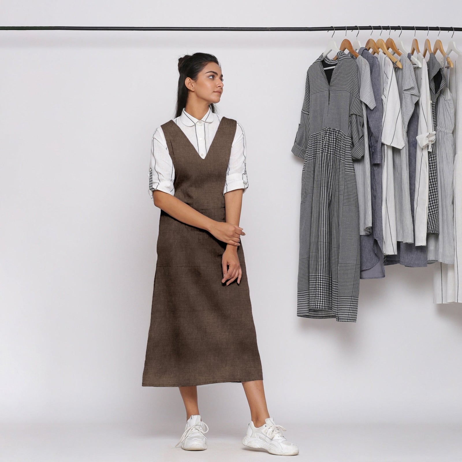 white christmas dresses Brown Cotton Linen V-Neck Midi Pinafore Dress 26